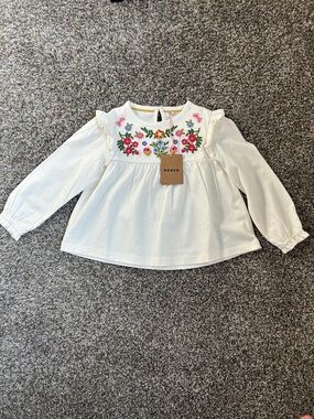 NWT Mini Boden White Long-Sleeve Top with Colorful Floral Embroidery